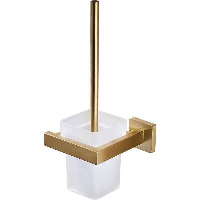 foto del prodotto scopino per wc con portaoggetti in acciaio inox antiruggine, montaggio a parete, stile moderno, finitura oro spazzolato