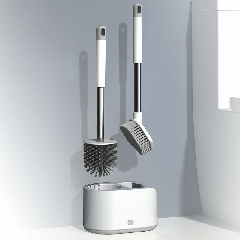 foto del prodotto scopino per wc in silicone con supporto, spazzola per la pulizia 2 in 1, manico in acciaio inox, scopino per wc in silicone, supporto da parete e da