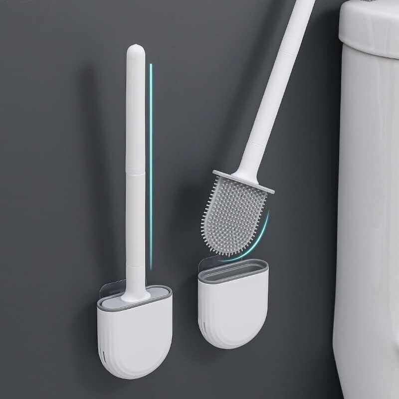 foto del prodotto scopino per wc in silicone e supporto, scopino per wc profondo, scopino con manico lungo in plastica antiscivolo e setole flessibili, scopino per wc