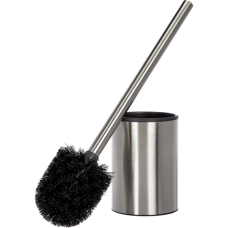 foto del prodotto scopino per wc satinato, in acciaio inossidabile, contenitore interno in polipropilene, spazzola nera, senza bpa, metallizzato. misure 9 x 9 x 37 cm
