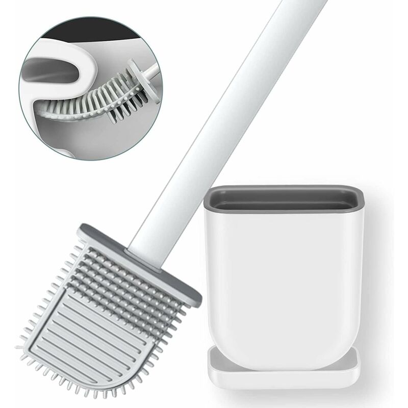 foto del prodotto scopino piatto in silicone con supporto per water con setole in silicone scopino flessibile per scopino per la pulizia del bagno bianco 
