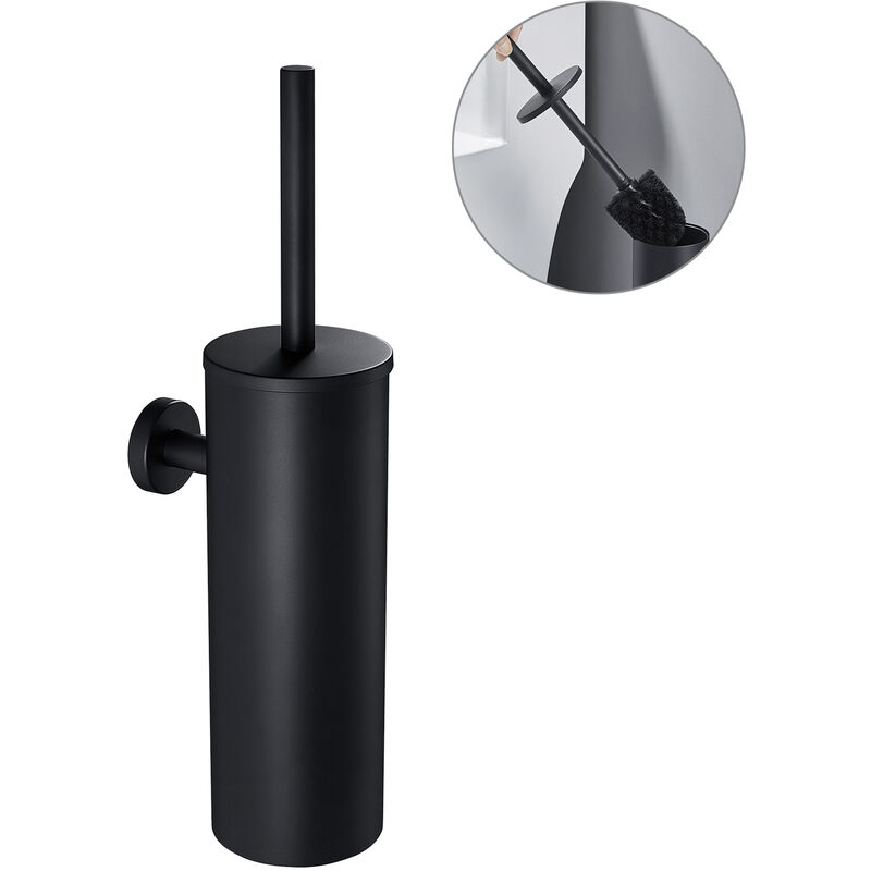 foto del prodotto scopino wc bagno con portascopino nero, spazzolone wc in acciaio inox montaggio a parete, scopino per wc con supporto e coperchio, resistente agli