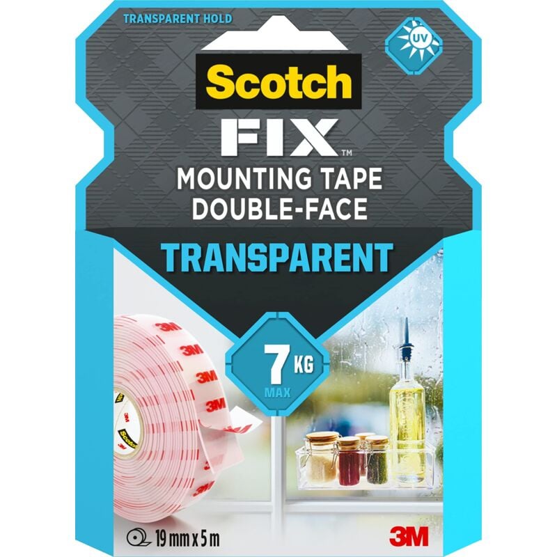 foto del prodotto scotch fix nastro biadesivo trasparente, 19 mm x 5 m nastro per montaggio permanente, ottimo per il montaggio di vetro, piastrelle e lavori
