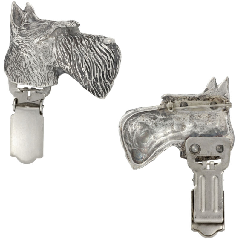 foto del prodotto scottish terrier, aberdeen terrier spilla con clip, porta numero di partenza, regalo per una mostra canina di art dog