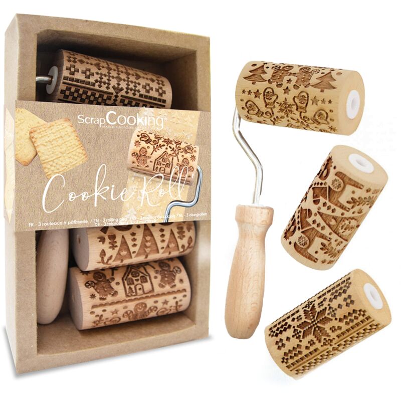 foto del prodotto scrapcooking kit 3 rulli per biscotti di natale 3 mini mattarelli in legno con disegni, stampo decorativo per biscotti e frollini 3798