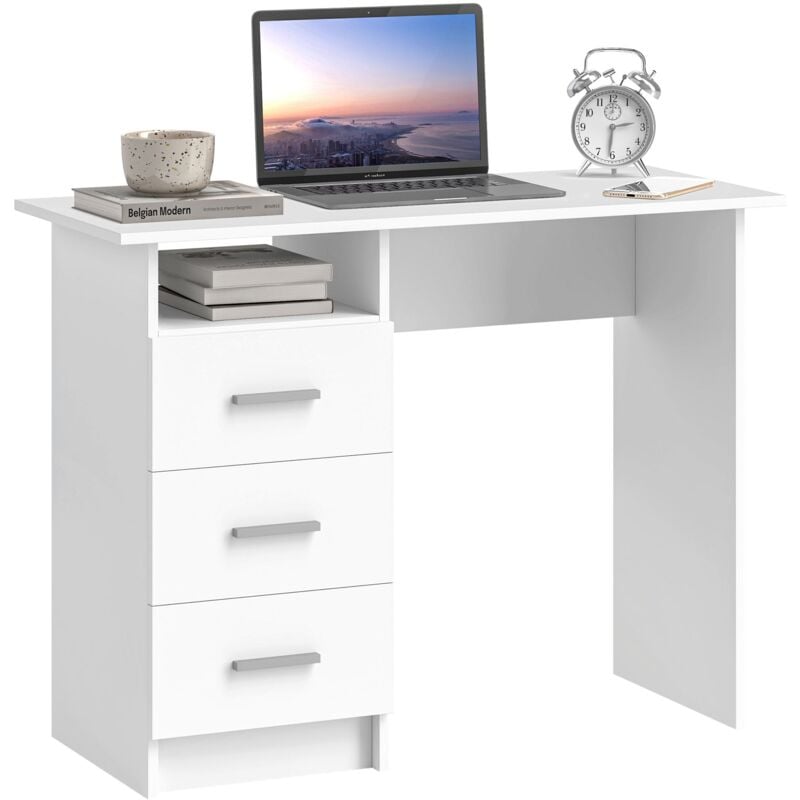 foto del prodotto scrivania 100x40x75 cm con 3 cassetti e vano a giorno in legno bianco