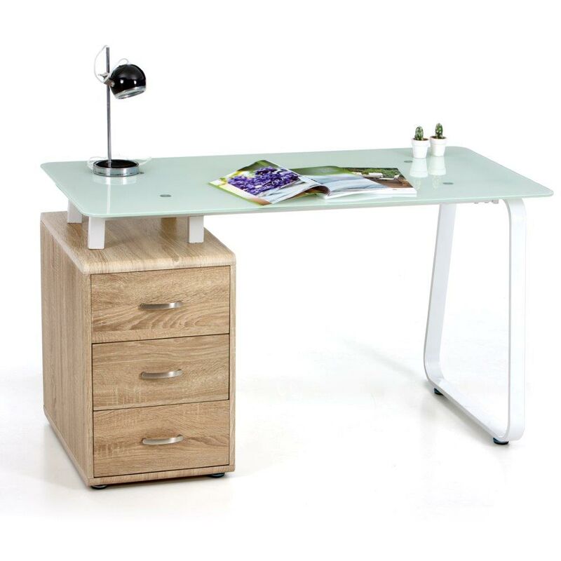 foto del prodotto scrivania 130x65xh75 cm in vetro con cassettiera connect rovere