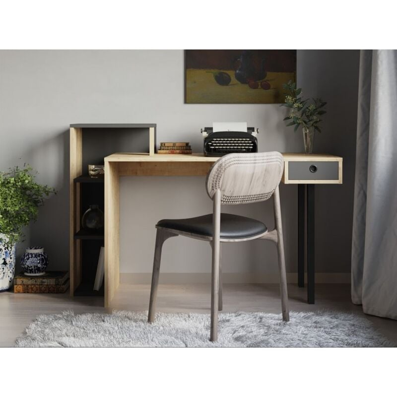 foto del prodotto scrivania 141x92h rovere chiaro e antracite con un cassetto e quattro ripiani sydeny