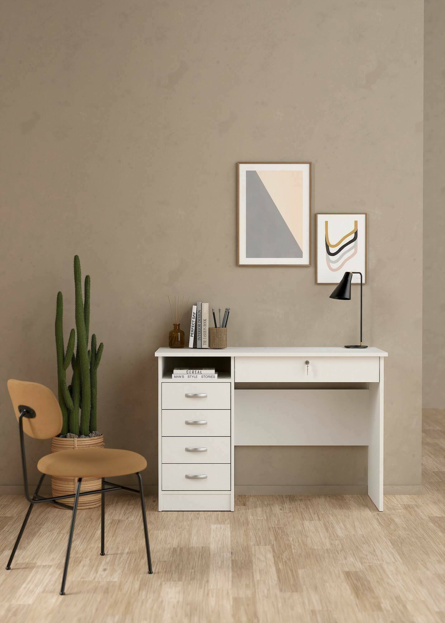 foto del prodotto scrivania a cinque cassetti, colore bianco, misure 109 x 75 x 48 cm, con imballo rinforzato dmora