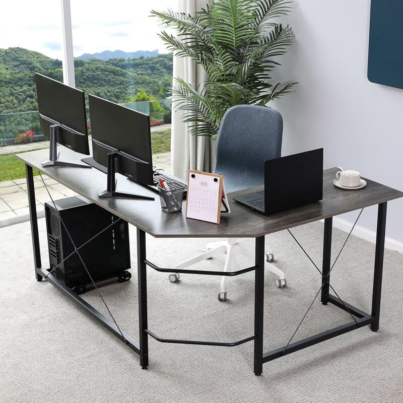 foto del prodotto scrivania a l, scrivania per computer, scrivania angolare, tavolo da gioco 162 x 120 cm con ripiano, grigio