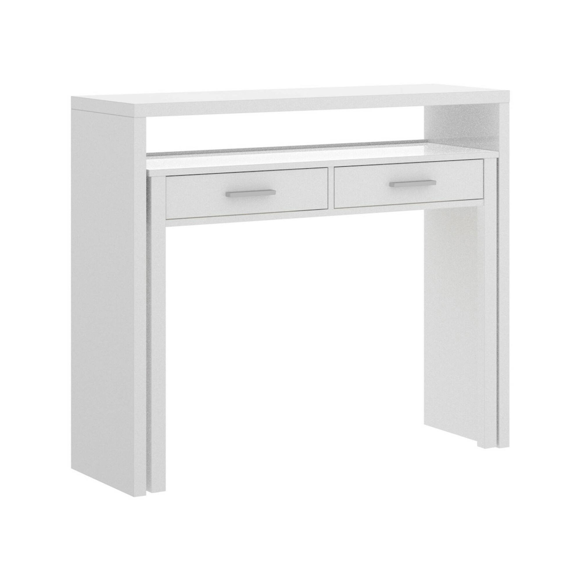 foto del prodotto scrivania abarath, scrittoio multiposizione con piano estraibile, consolle da studio lineare con 2 cassetti, 99x70h88 cm, bianco
