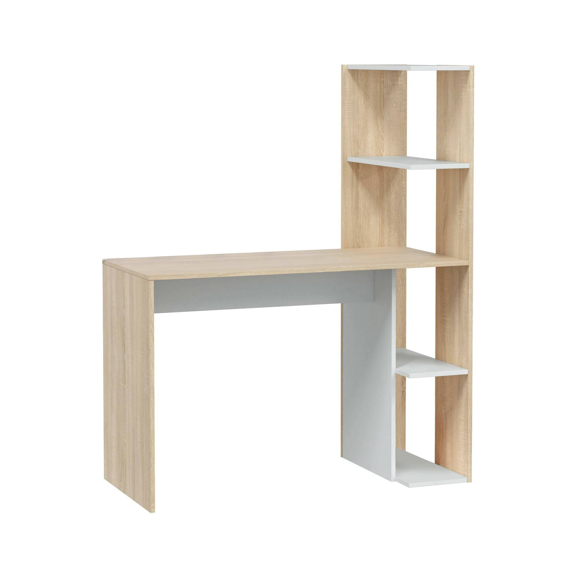 foto del prodotto scrivania abba, scrittoio lineare con libreria, tavolo ufficio multiuso salvaspazio, 110x52h136 cm, bianco e rovere