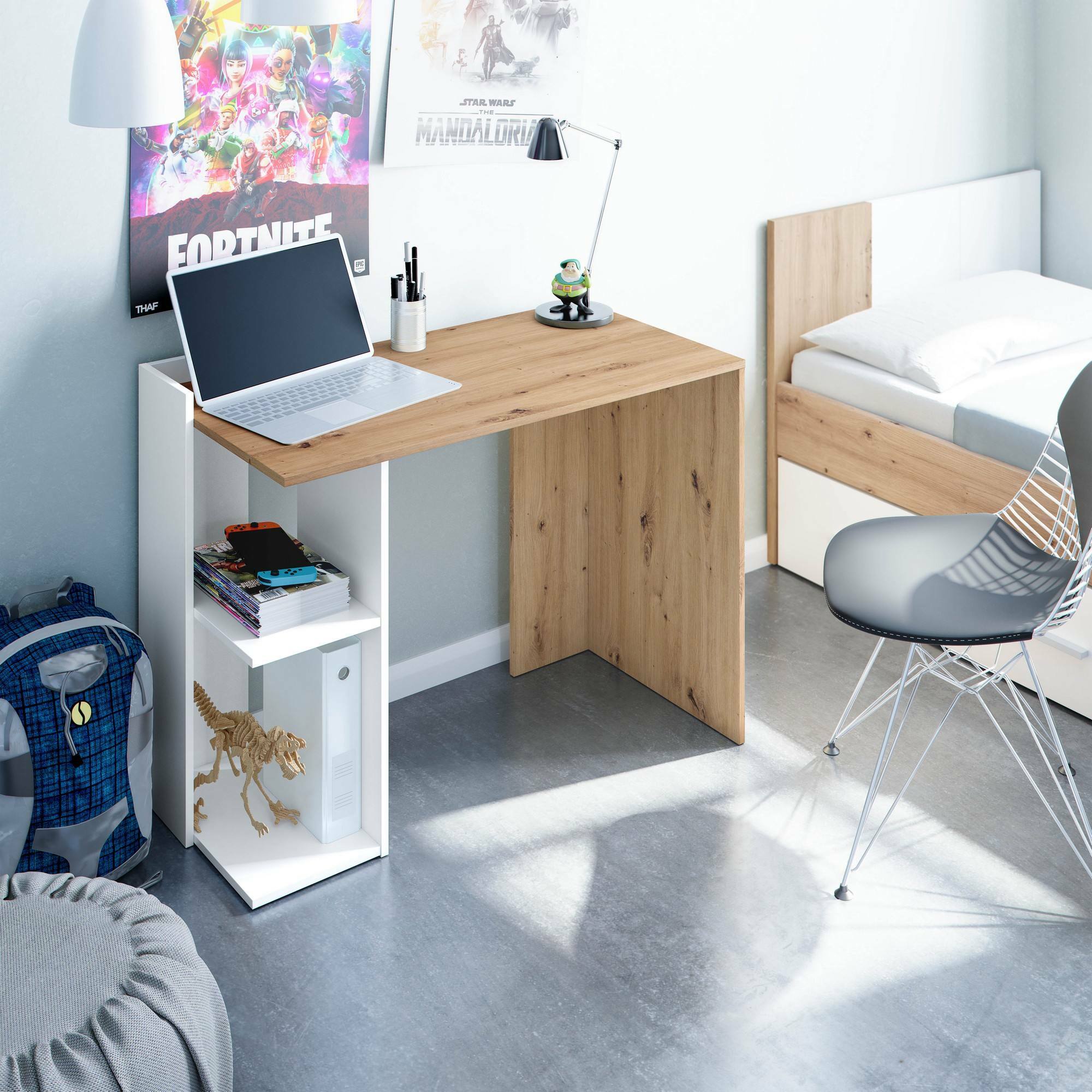 foto del prodotto scrivania ablibla, scrittoio reversibile multiposizione, tavolo da studio o ufficio porta pc con scaffale e ripiani, cm 99x50h77, bianco e rovere nodi