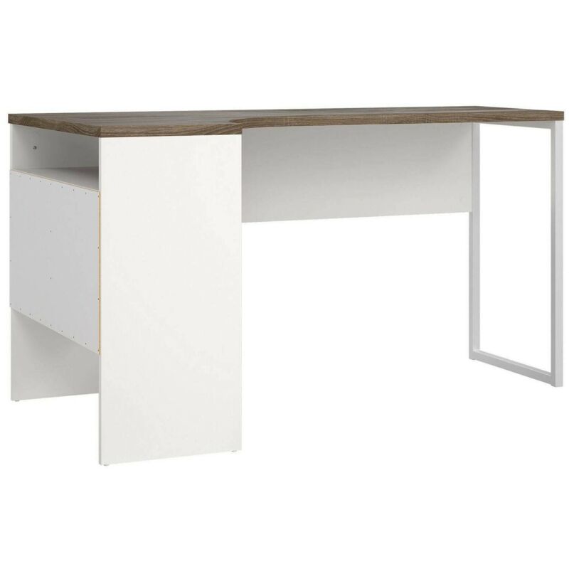 foto del prodotto scrivania ad angolo con due cassetti, colore bianco e quercia, cm 145 x 76 x 81, con imballo rinforzato dmora