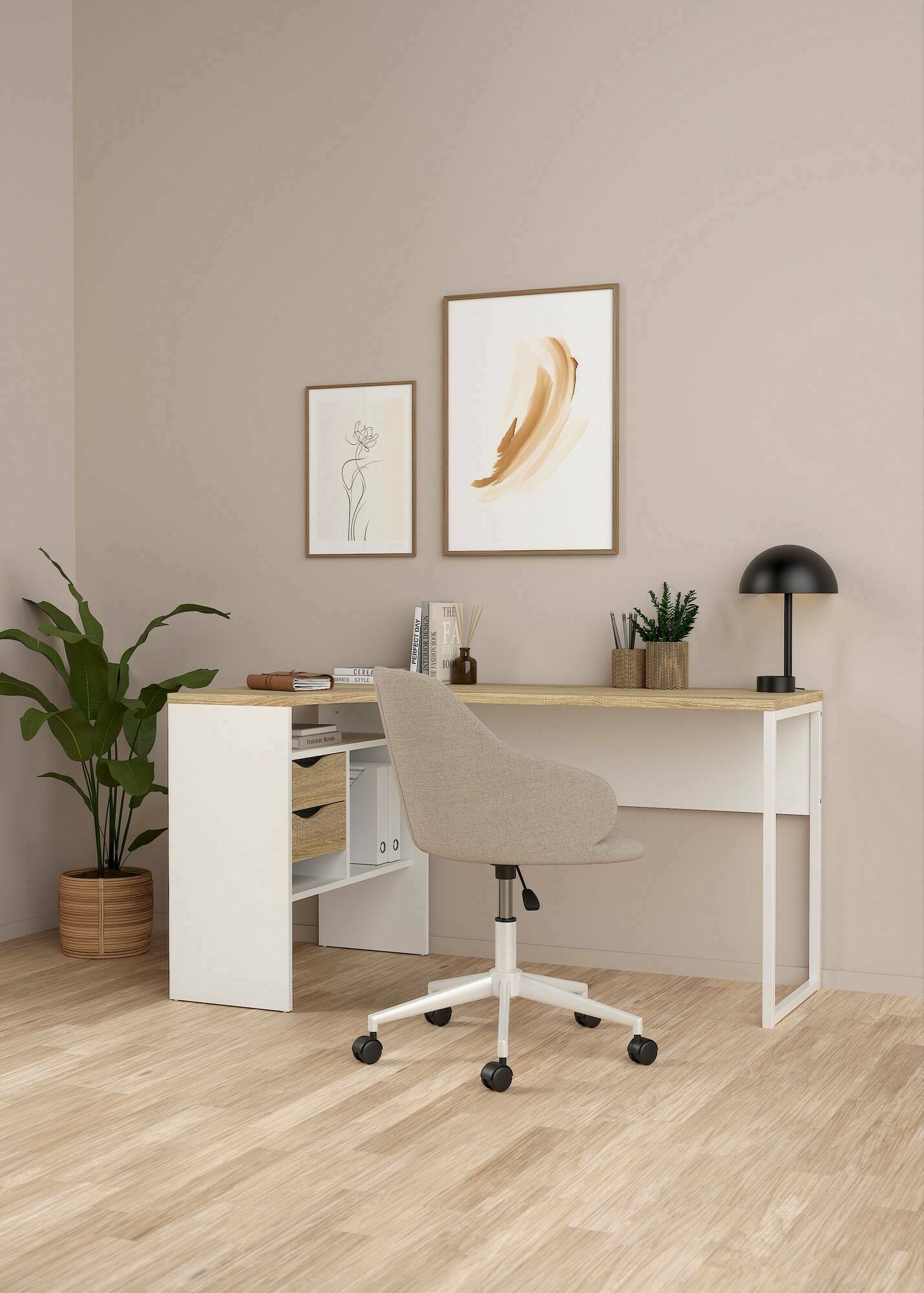 foto del prodotto scrivania ad angolo con due moire, colore rovere e bianco, cm 145 x 76 x 81