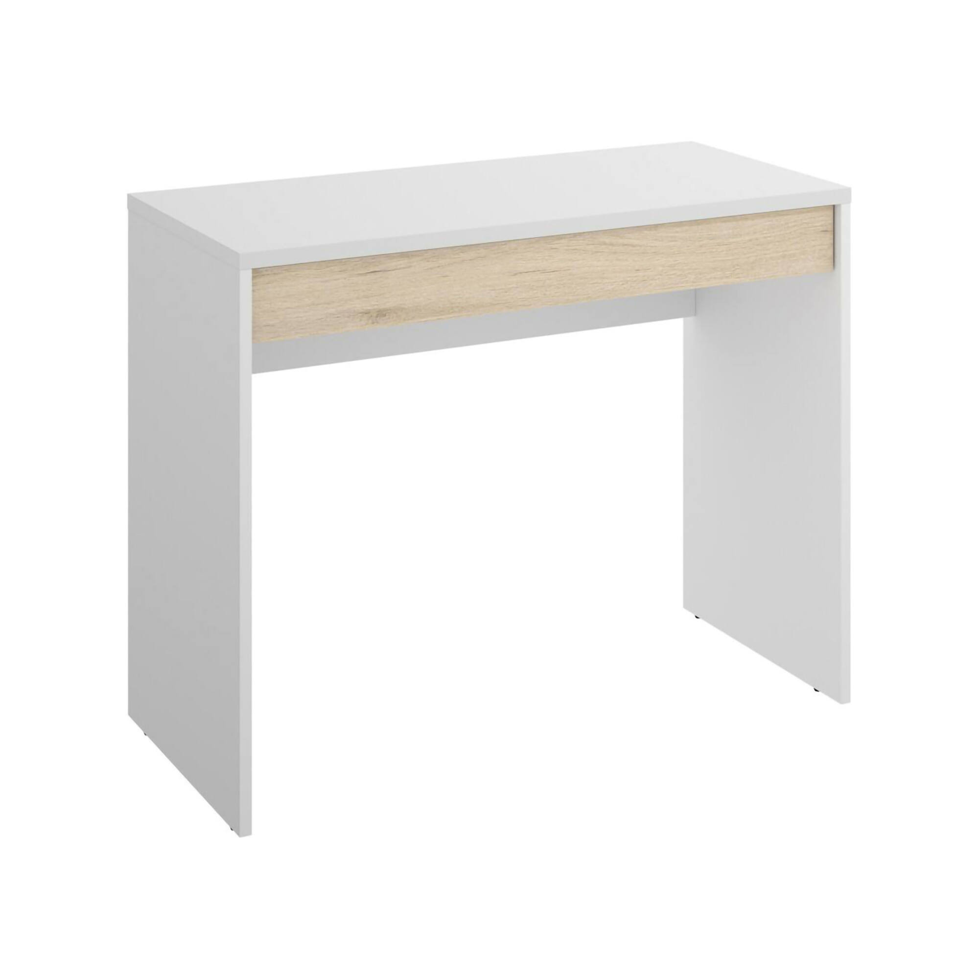 foto del prodotto scrivania affiniti, scrittoio ufficio salvaspazio multiuso, tavolo da studio lineare con 1 cassetto, 90x50h74 cm, bianco e rovere