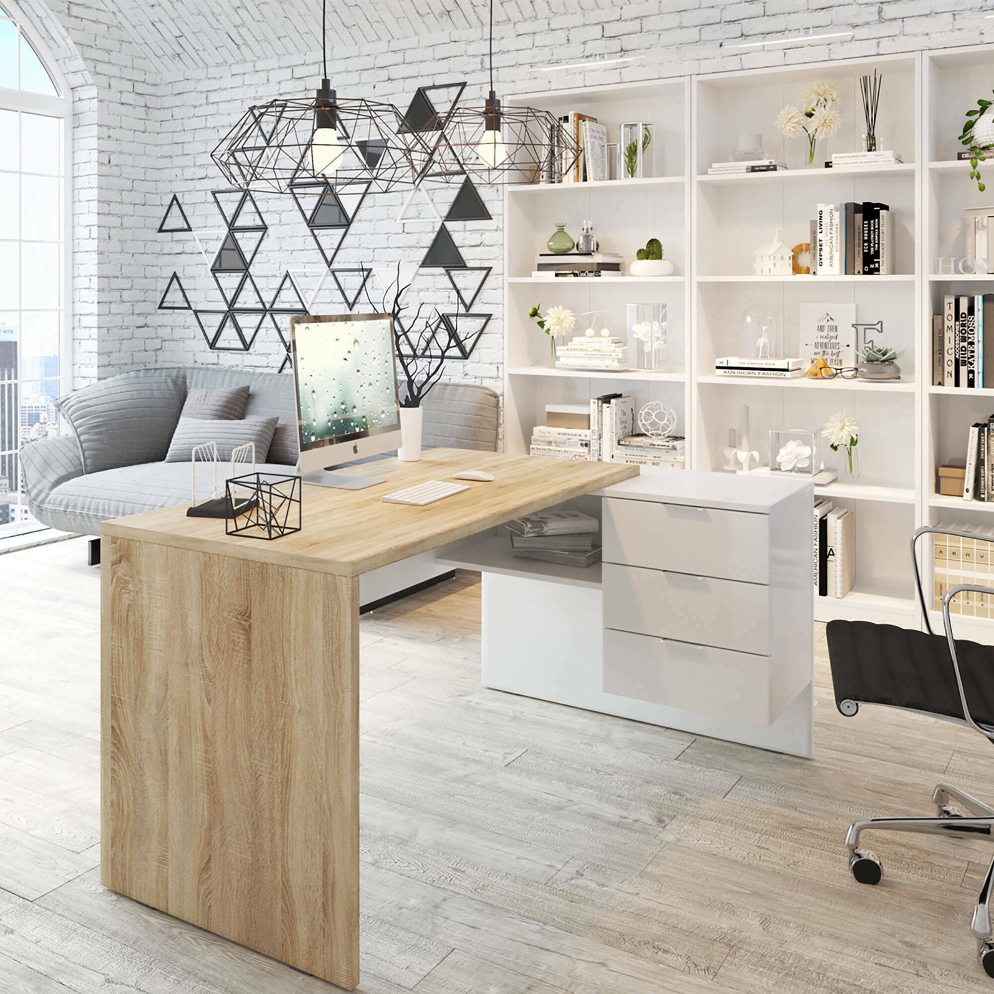 foto del prodotto scrivania agnello, scrittoio reversibile da ufficio con cassettiera, tavolo da studio o ufficio porta pc ad angolo, cm 145x108h73, rovere e bianco