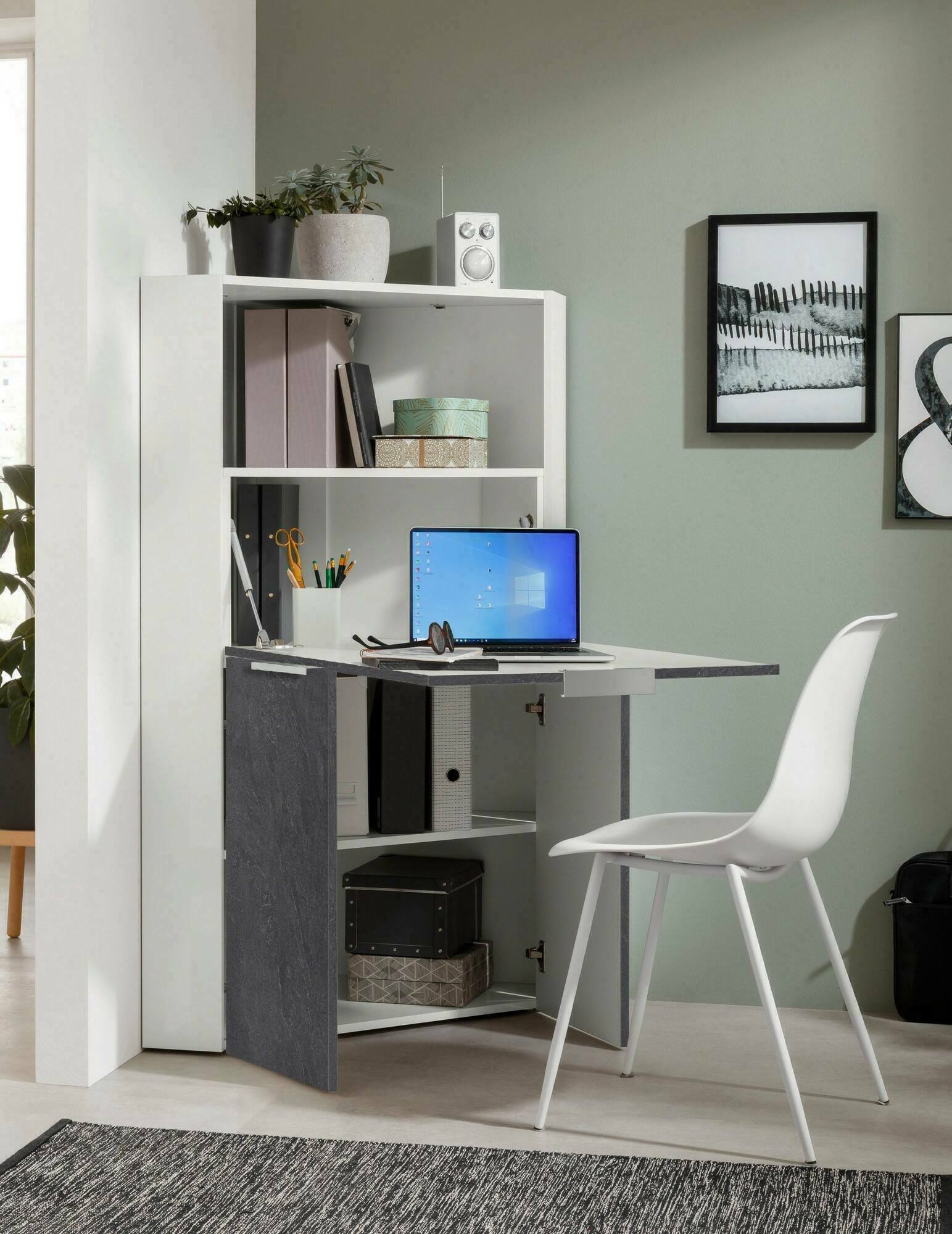 foto del prodotto scrivania akiro, mobile ad angolo con scaffali e piano da lavoro, tavolo multiuso per ufficio, scrivania salvaspazio, 100 made in italy, cm 70x57h140, bianco e ardesia