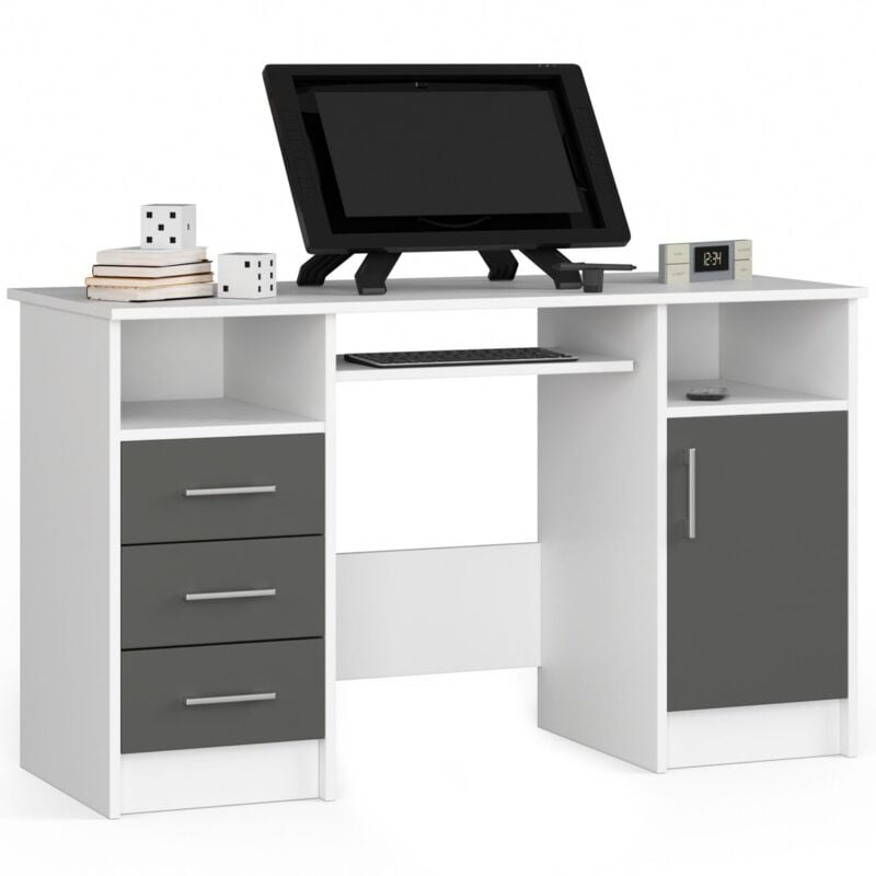 foto del prodotto scrivania akord ana bianco 124 cm 1 anta 3 cassetti inserto frontale grigio grafite 124x52x74 cm