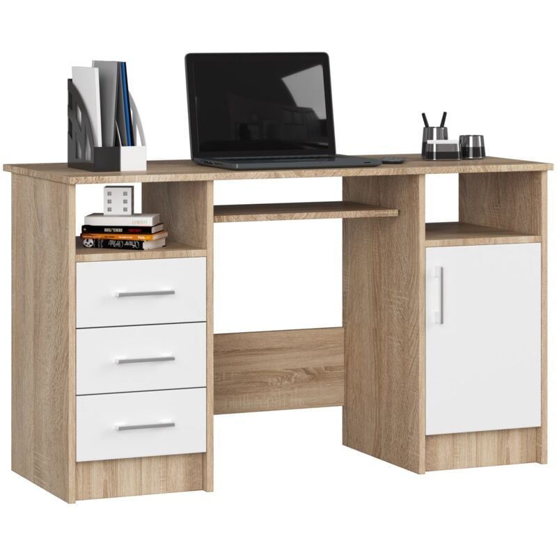 foto del prodotto scrivania akord ana sonoma quercia 124 cm 1 anta 3 cassetti inserto frontale bianco 124x52x74 cm