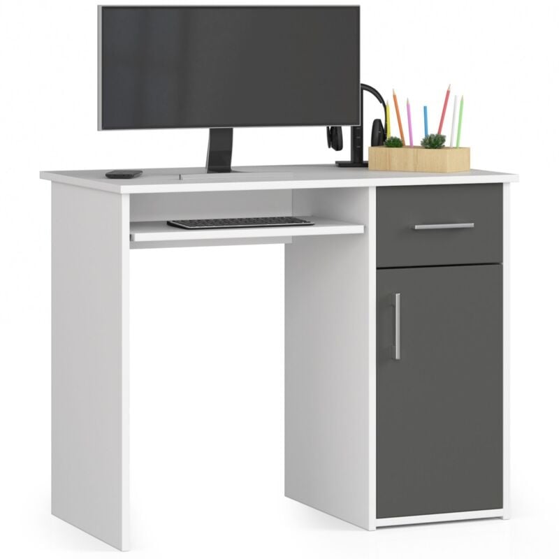 foto del prodotto scrivania akord pin bianco 90 cm 1 anta 1 cassetto inserto frontale grigio grafite 90x50x74 cm