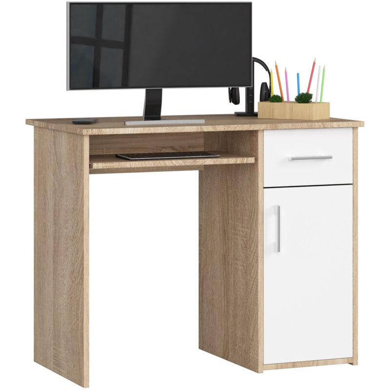 foto del prodotto scrivania akord pin sonoma quercia 90 cm 1 anta 1 cassetto inserto frontale bianco 90x50x74 cm
