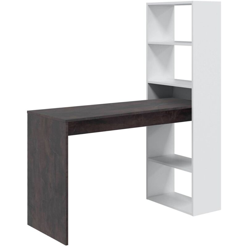 foto del prodotto scrivania ali, scrittoio multifunzione reversibile con libreria 5 ripiani, tavolo da studio o ufficio porta pc portalibri, 120x53h144 cm, bianco e