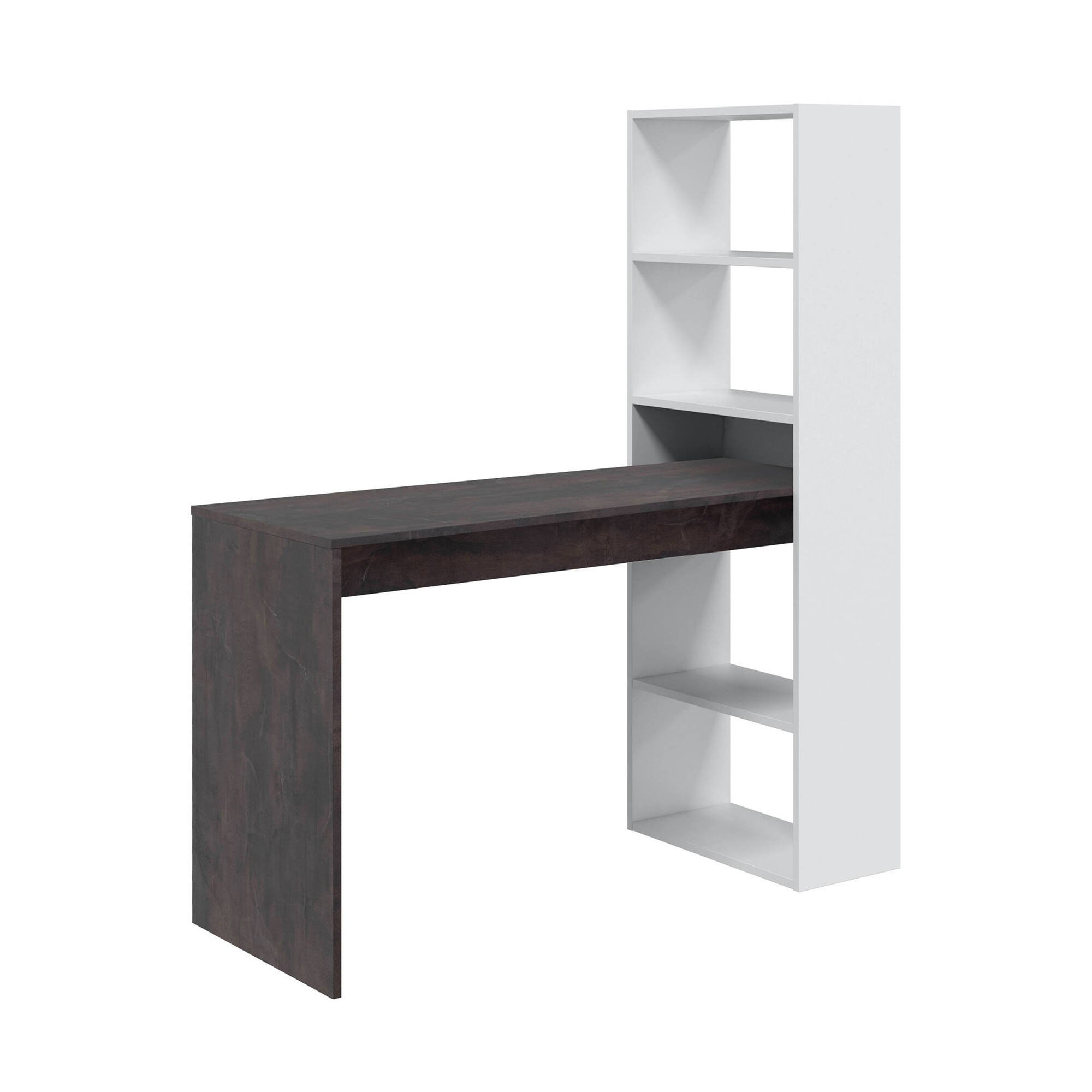 foto del prodotto scrivania ali, scrittoio multifunzione reversibile con libreria a 5 ripiani, tavolo da studio o ufficio porta pc portalibri, 120x53h144 cm, bianco e ossido