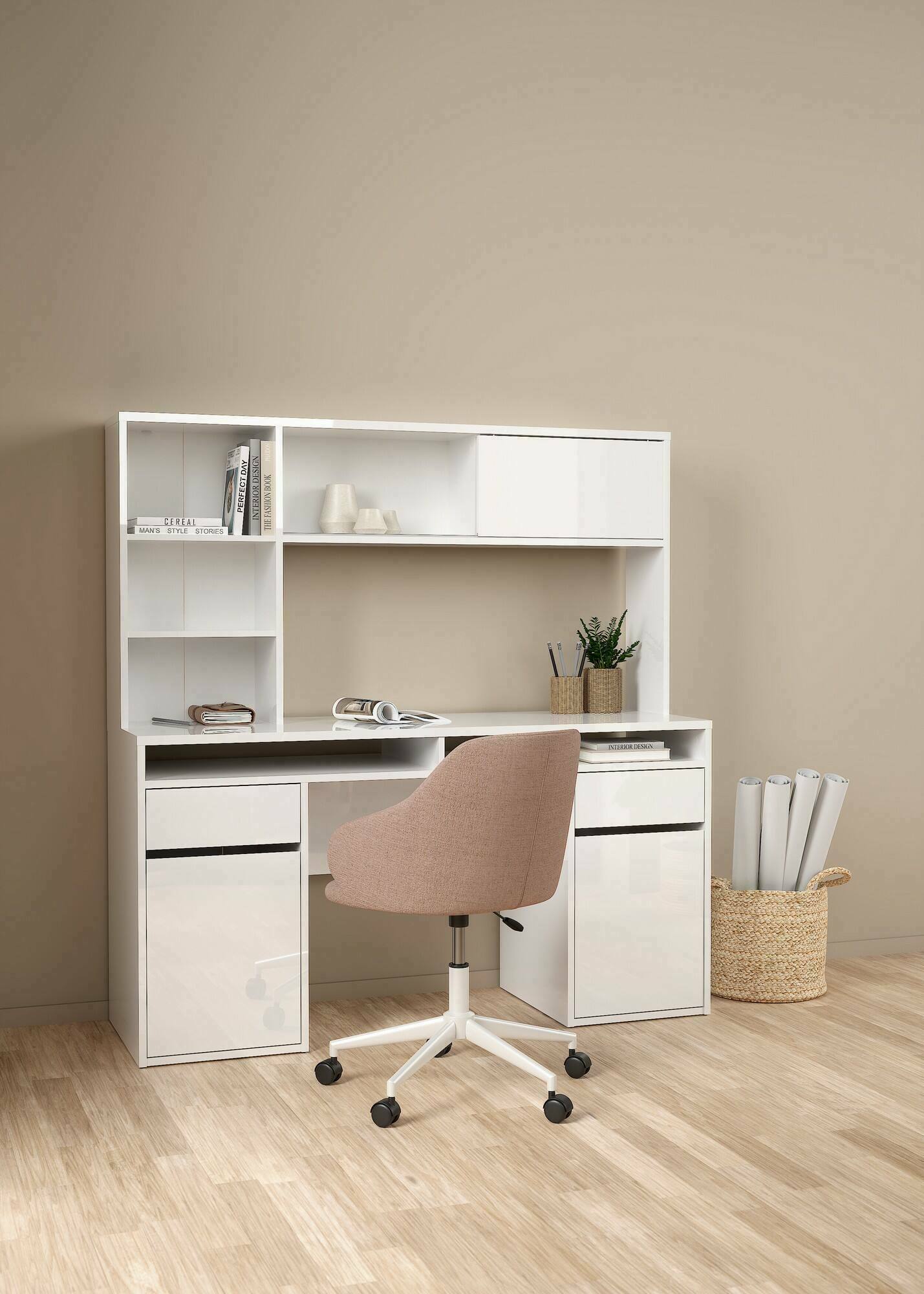 foto del prodotto scrivania ambrenti, scrittoio multiuso, tavolo per ufficio porta pc, piano di lavoro, 149x48 h156 cm, bianco lucido