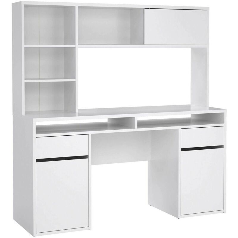 foto del prodotto scrivania ambrenti, scrittoio multiuso, tavolo per ufficio porta pc, piano di lavoro, 149x48 h156 cm, bianco lucido dmora