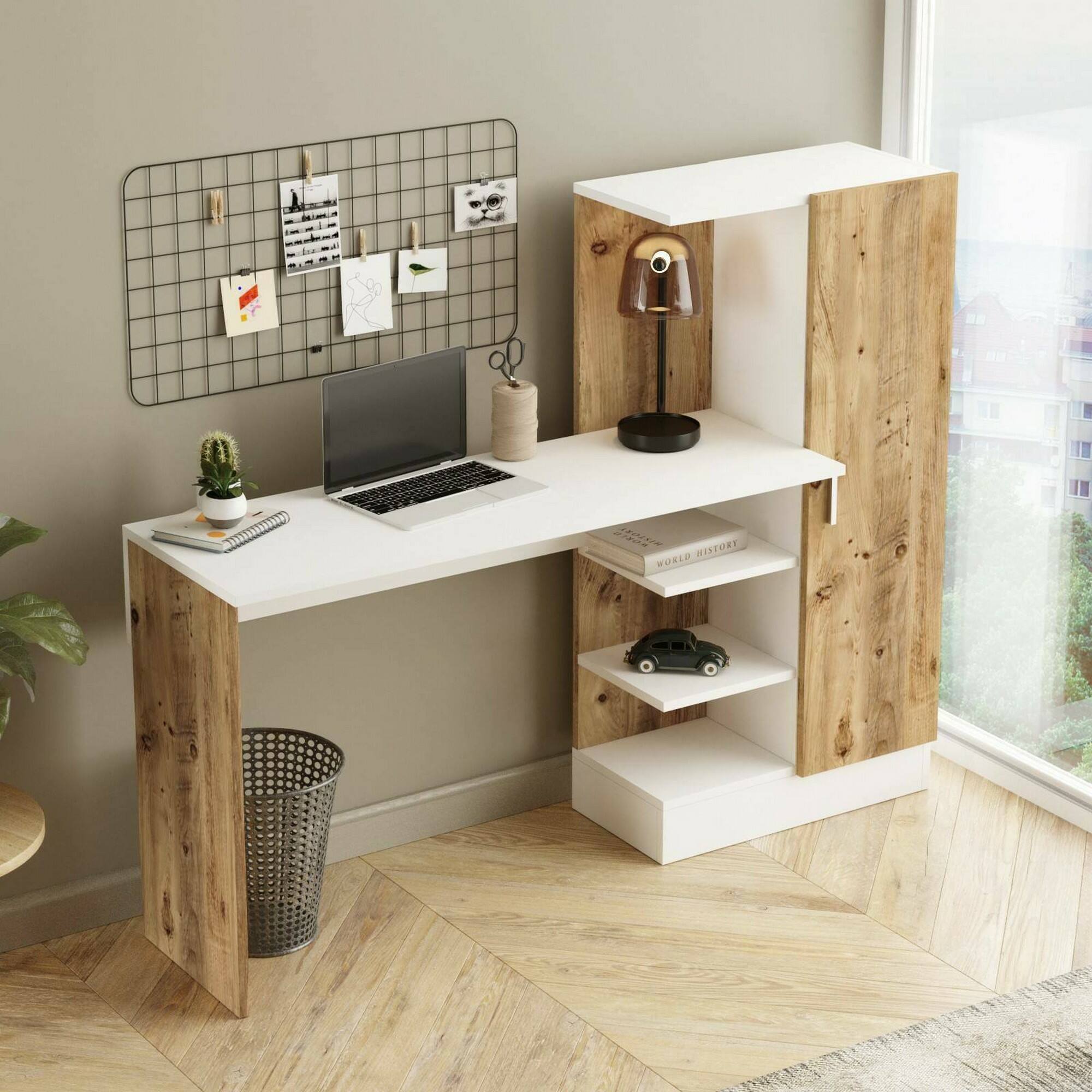 foto del prodotto scrivania angaga, scrittoio multiuso, tavolo per ufficio porta pc, piano di lavoro, 152x40h120 cm, quercia e bianco