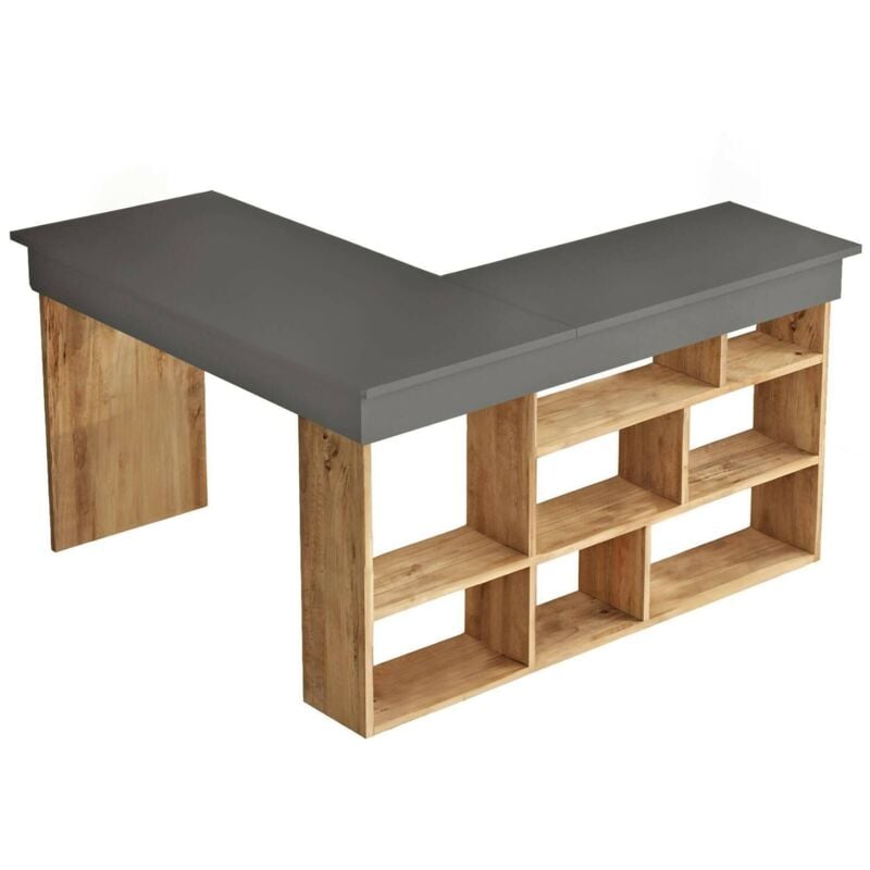 foto del prodotto scrivania angete, scrittoio multiuso, tavolo per ufficio porta pc, piano di lavoro, 129x120h72 cm, quercia e nero, con imballo rinforzato, con