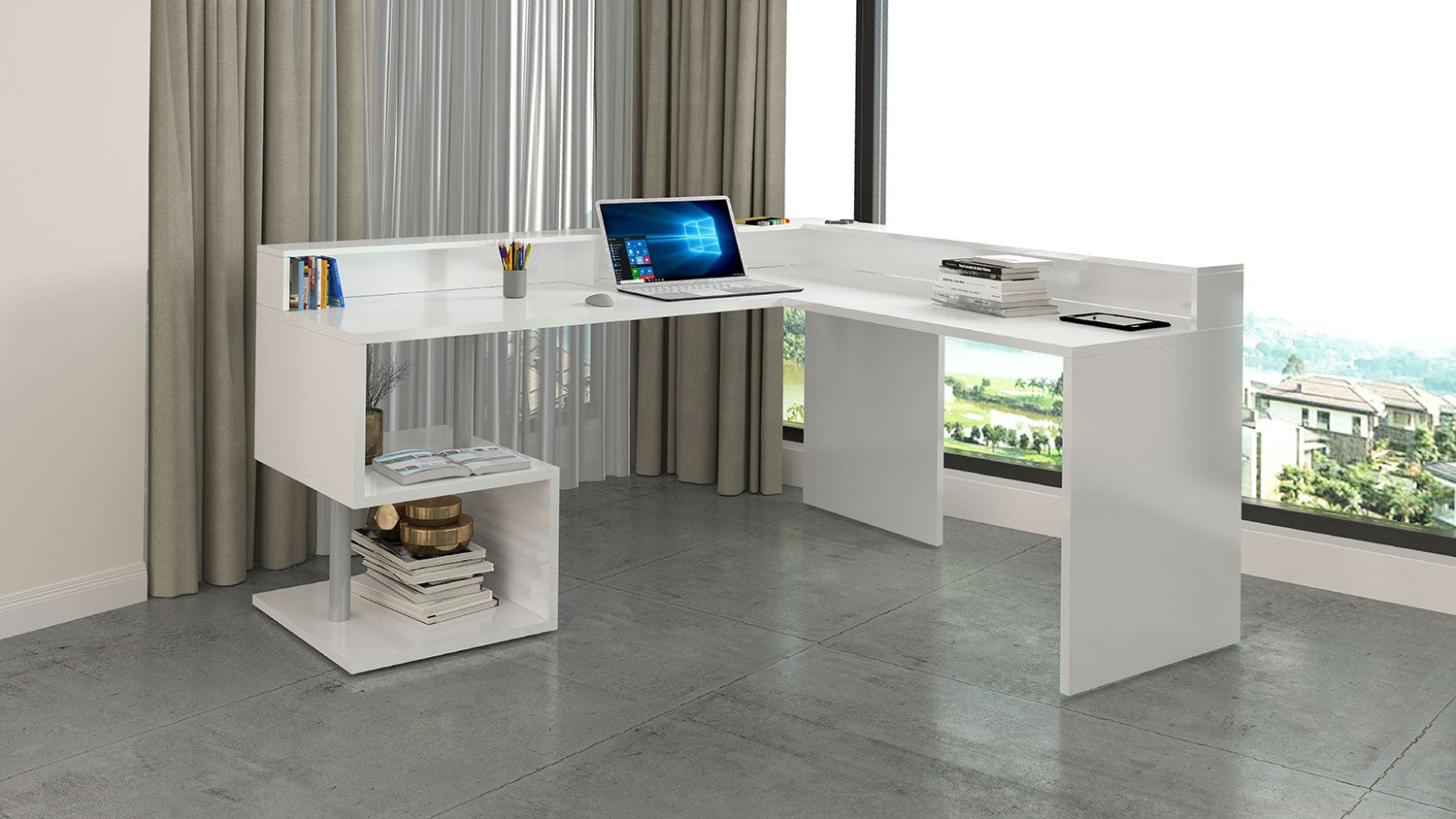 foto del prodotto scrivania angolare a giorno 180x160x60x92,5h cm esse bianco lucido