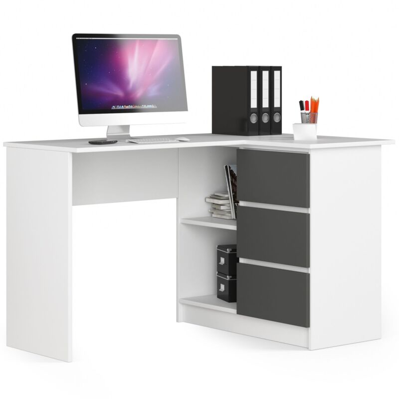 foto del prodotto scrivania angolare akord b16 bianco 124 cm 3 cassetti inserto frontale grigio grafite 124x85x77 cm modello a destra