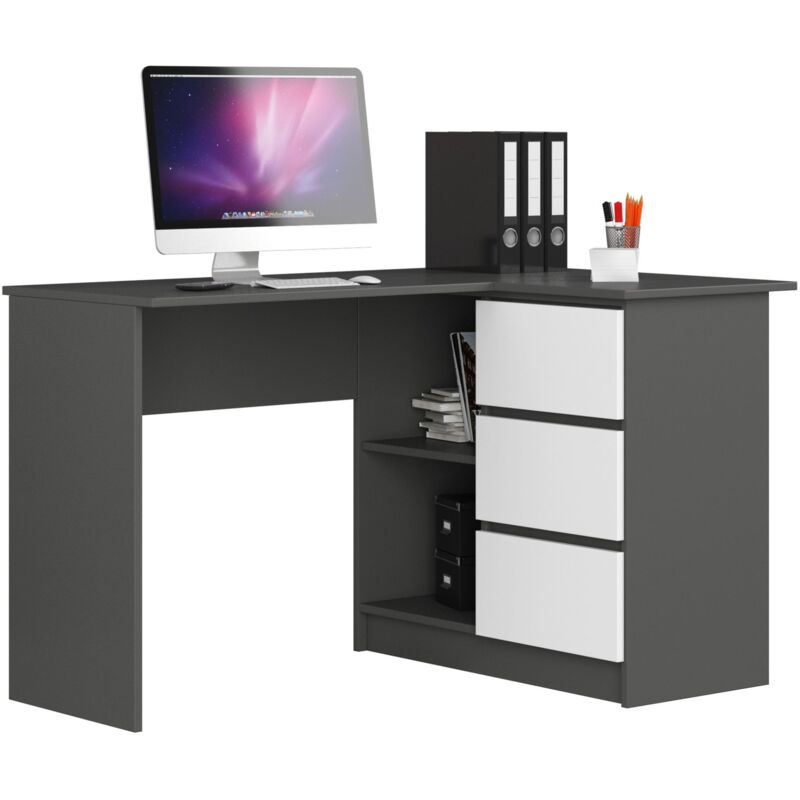 foto del prodotto scrivania angolare akord b16 grigio grafite 124 cm 3 cassetti inserto frontale bianco 124x85x77 cm modello a destra