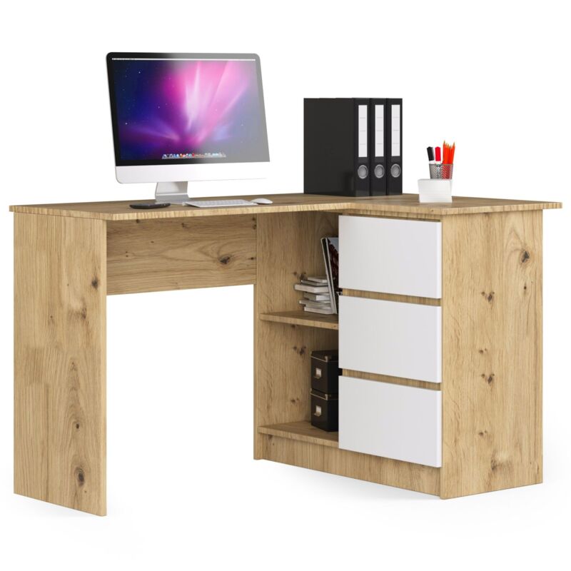foto del prodotto scrivania angolare akord b16 quercia artisan 124 cm 3 cassetti inserto frontale bianco 124x85x77 cm modello a destra