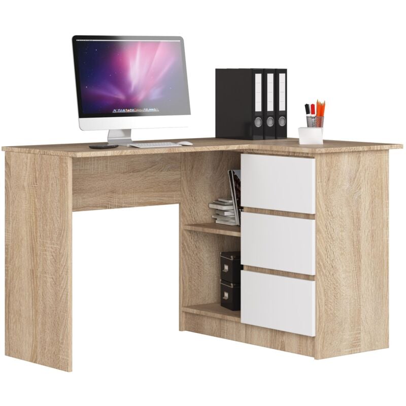 foto del prodotto scrivania angolare akord b16 sonoma quercia 124 cm 3 cassetti inserto frontale bianco 124x85x77 cm modello a destra