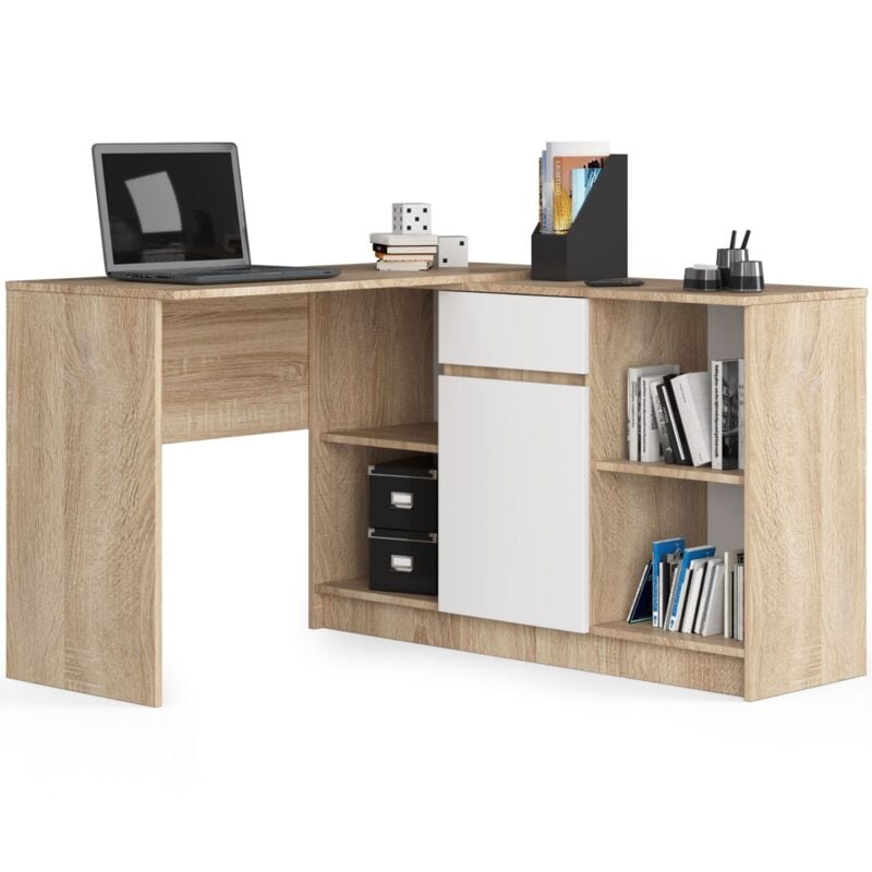 foto del prodotto scrivania angolare akord b17 sonoma quercia 120 cm 1 anta 1 cassetto inserto frontale bianco 120x126x79 cm