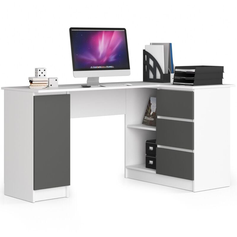 foto del prodotto scrivania angolare akord b20 bianco 155 cm 1 anta 3 cassetti inserto frontale grigio grafite 155x85x77 cm modello a destra