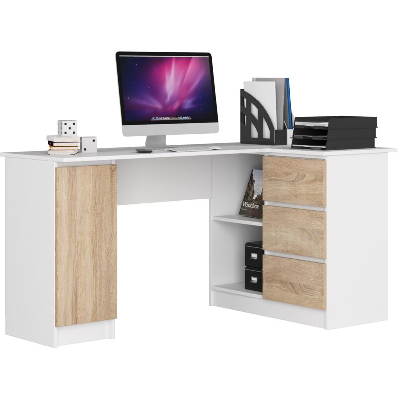 foto del prodotto scrivania angolare akord b20 bianco 155 cm 1 anta 3 cassetti inserto frontale sonoma quercia 155x85x77 cm modello a destra