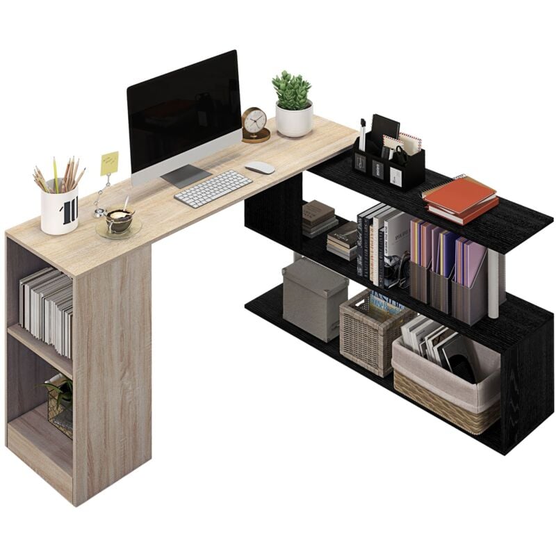 foto del prodotto scrivania angolare da ufficio 140x120x78 cm con cassetti e scaffale girevole color legno