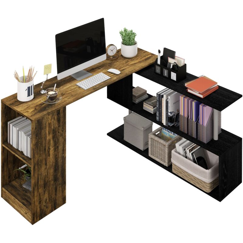 foto del prodotto scrivania angolare da ufficio 140x120x78 cm con cassetti e scaffale girevole marrone e nero
