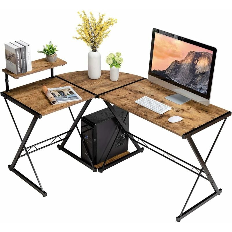 immagine 0 del prodotto scrivania angolare di metallo e legno, scrivania per computer con alzata per monitor e ripiano, scrivania moderna e salvaspazio per casa e ufficio,