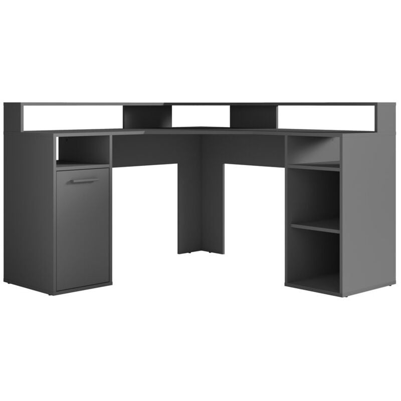 foto del prodotto scrivania angolare office colore grigio con cassettiera, 3 vani e supporto per schermo