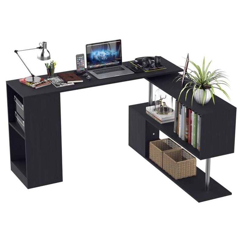 foto del prodotto scrivania angolare per computer con scaffali routazione a 360 forma l in legno