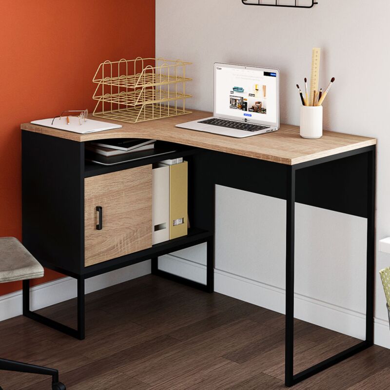 foto del prodotto scrivania angolare rob in finitura nera e faggio con nicchia portaoggetti e anta dal design industriale