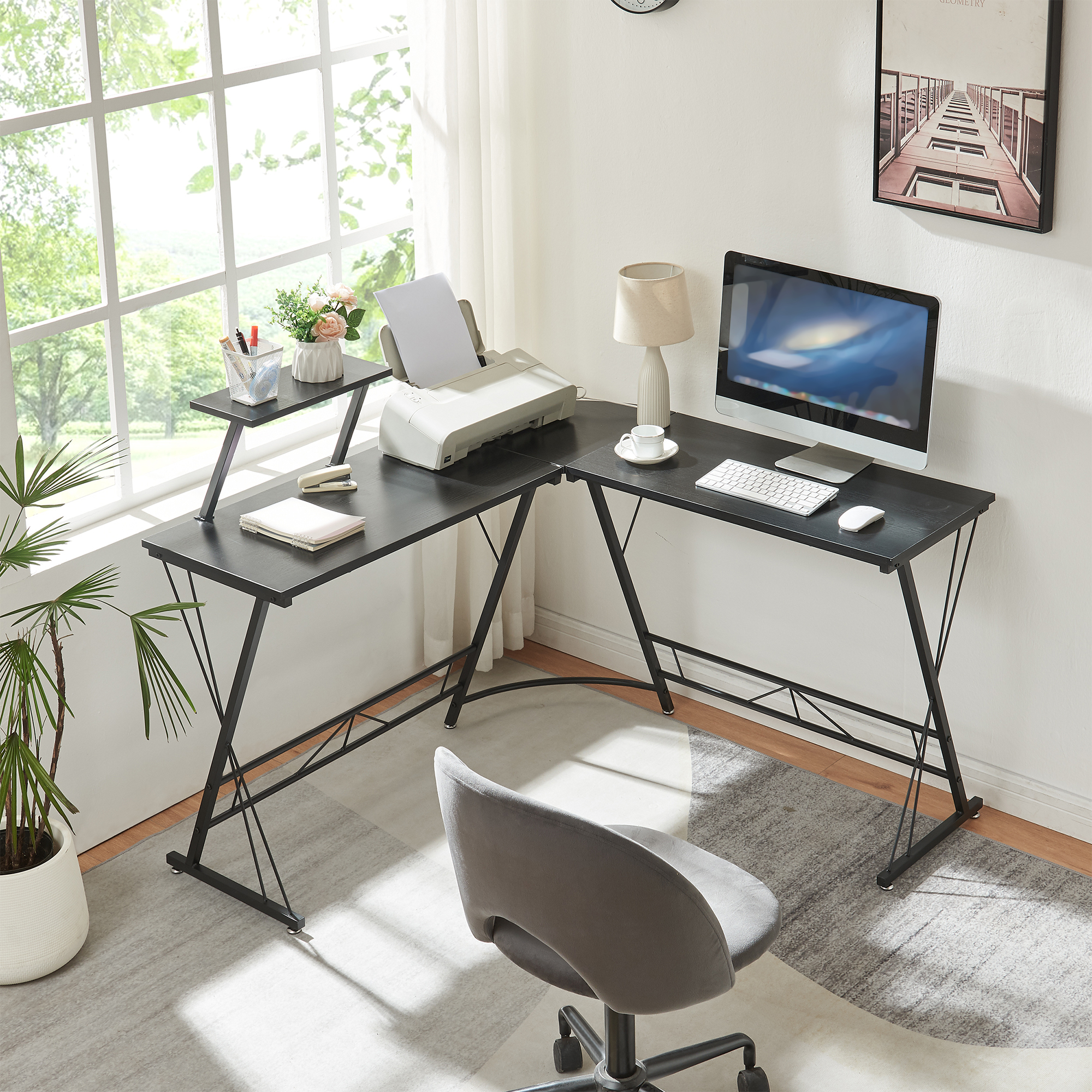 foto del prodotto scrivania angolare yremso tavolo a l con supporto monitor 122 x 122 x 98 cm - nero en.casa