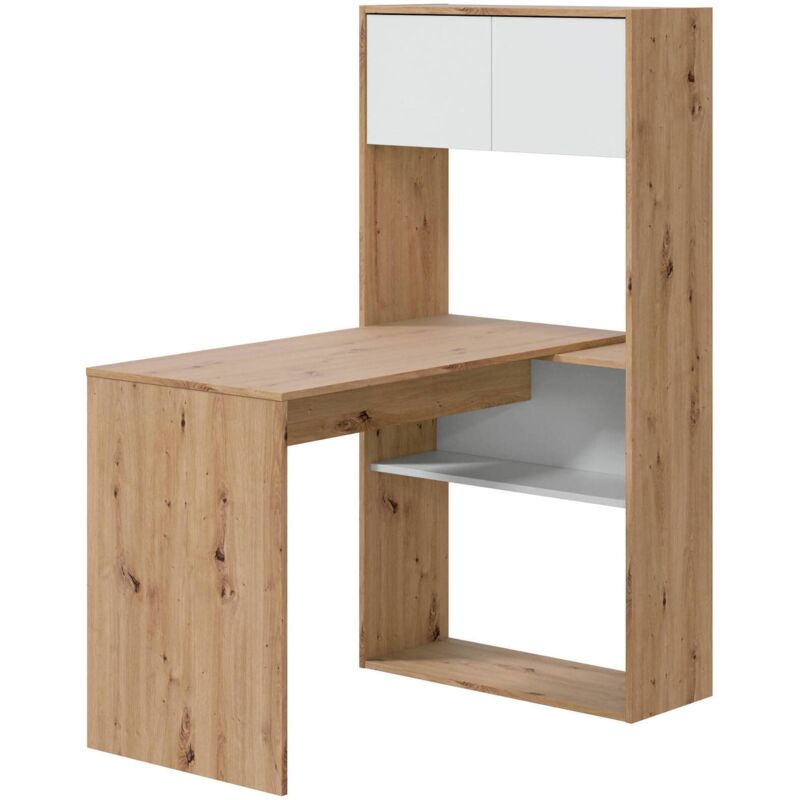 foto del prodotto scrivania apogee, scrittoio reversibile ad angolo con libreria, tavolo da studio o ufficio multiposizione, cm 108x70h140, bianco e rovere nodi