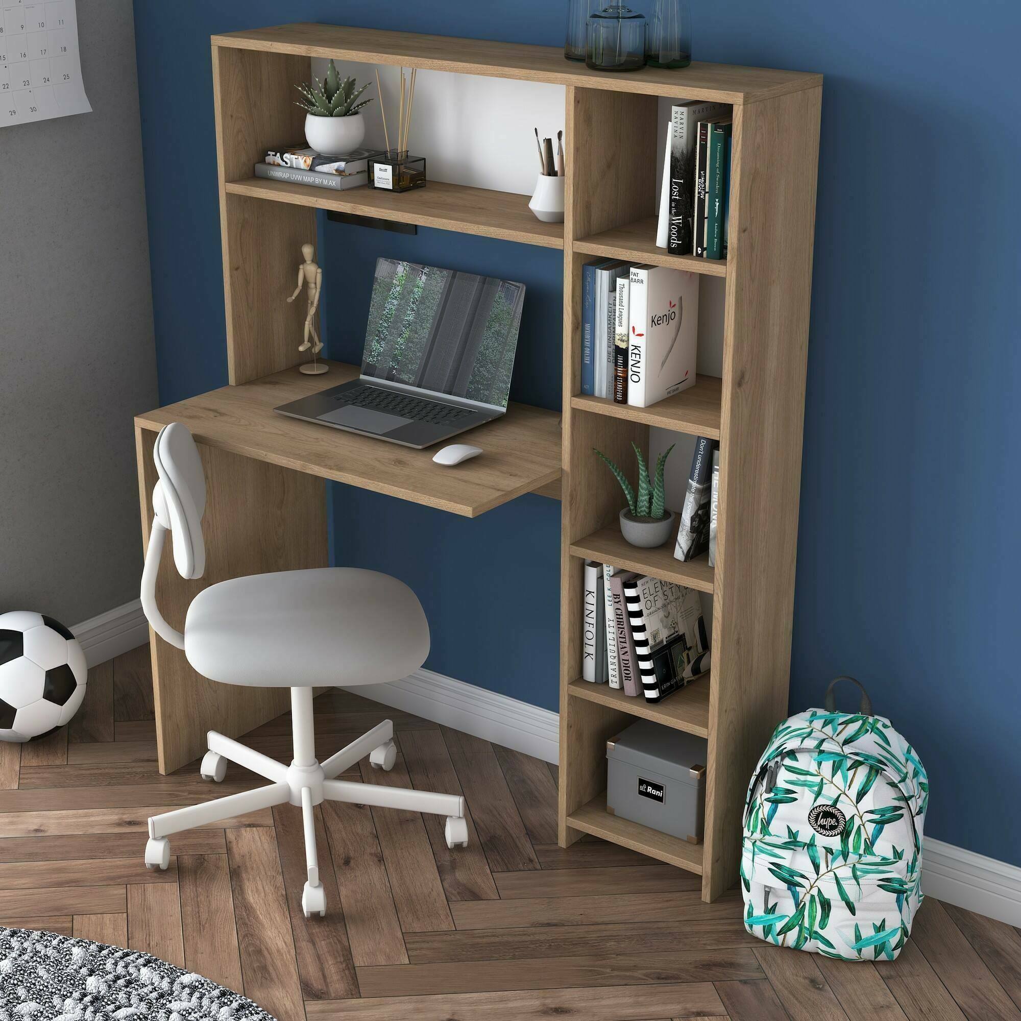foto del prodotto scrivania arapaho, scrittoio multiuso, tavolo per ufficio porta pc, piano di lavoro, 113x40h142 cm, quercia