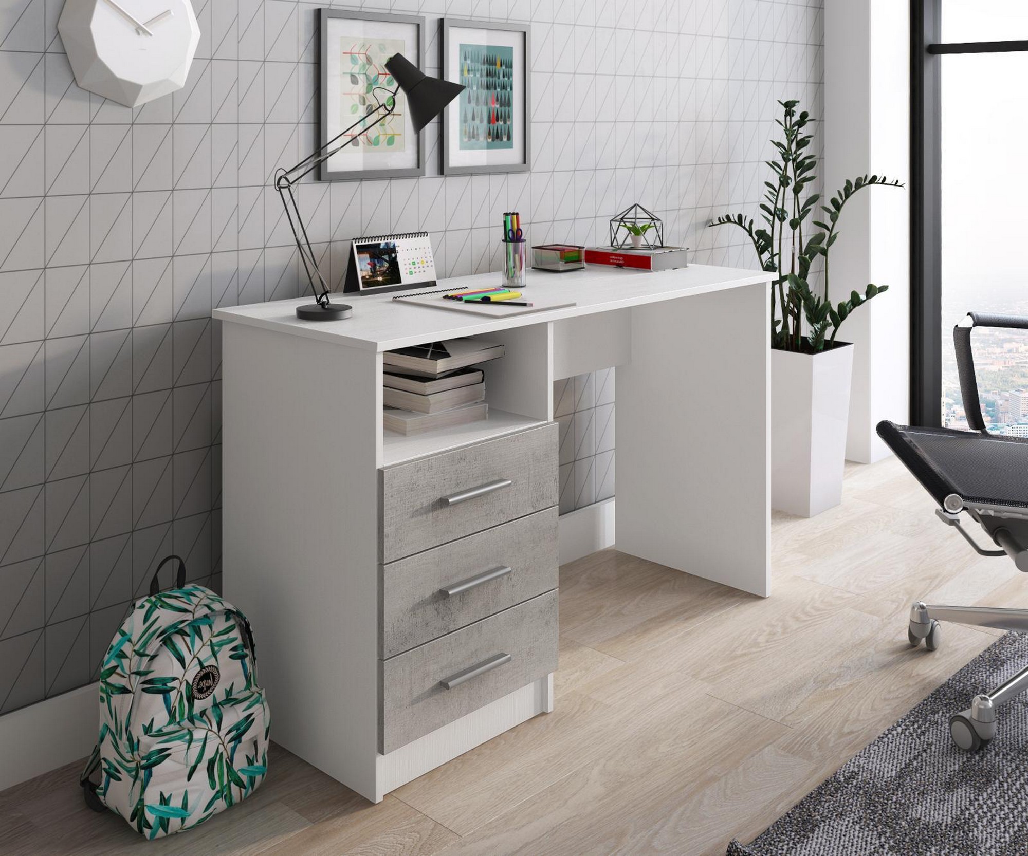 foto del prodotto scrivania ardauli, scrittoio multiuso, tavolo per ufficio porta pc, piano di lavoro, 120x48h75 cm, bianco e cemento
